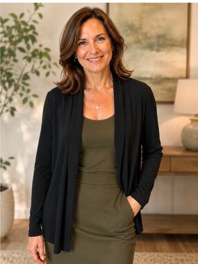 Eileen Fisher Silk Black Open Front Draped Cardigan Size L